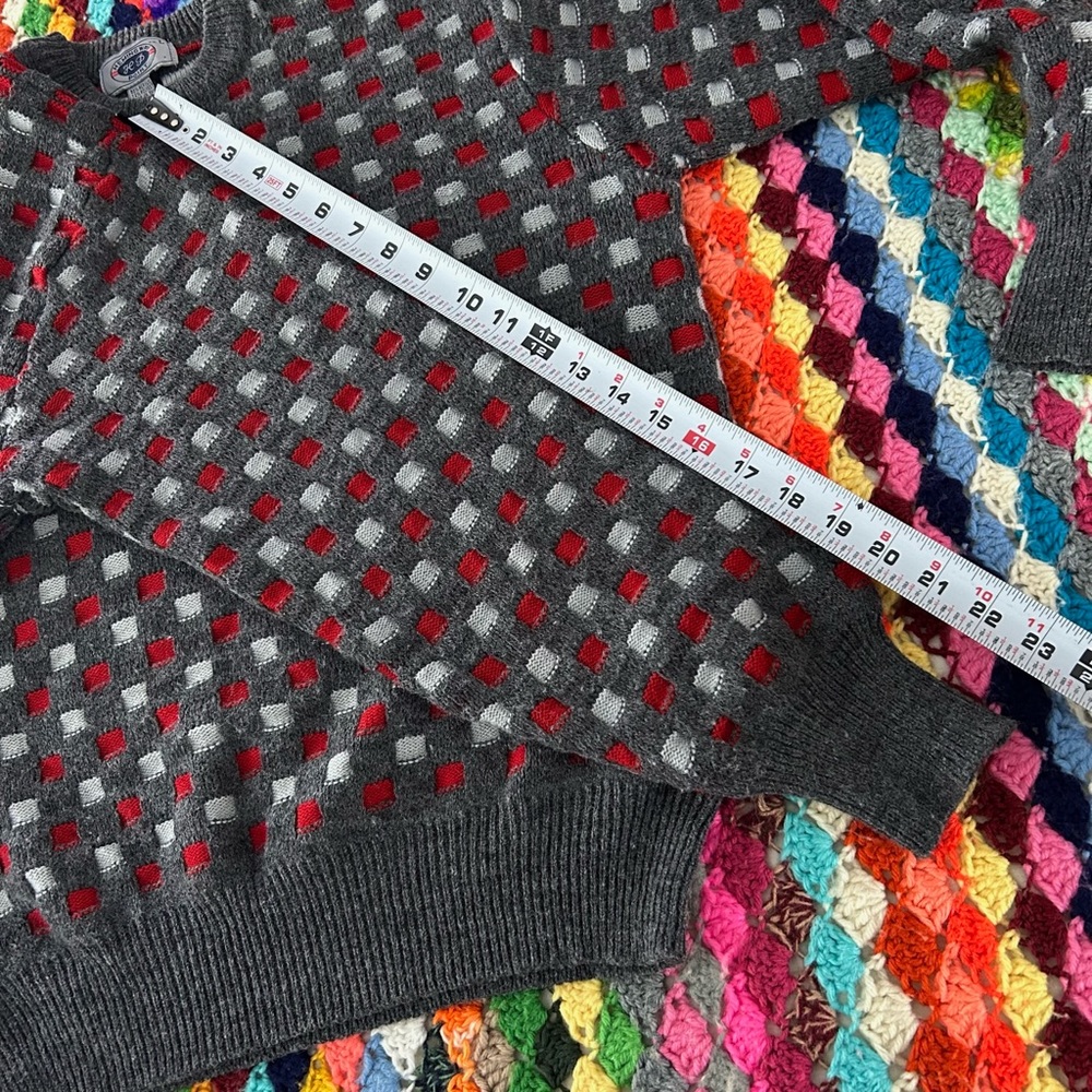 Vintage 90s Checkerboard Plaid Pattern Chunky Knit Grandpa Sweater Acade… - Picture 10 of 13